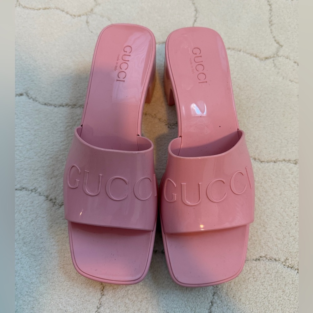 Gucci Pink Logo Slide Sandals | Block Heel | Size EU 39 | Authentic